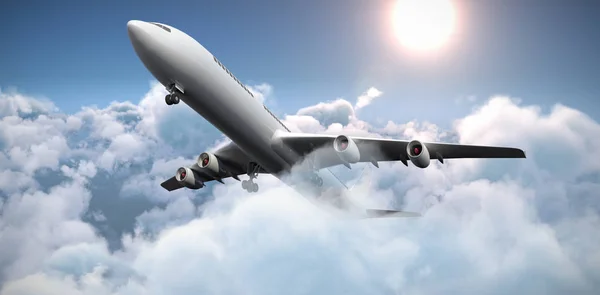 Графічний літак проти мальовничого вигляду білих хмар — стокове фото