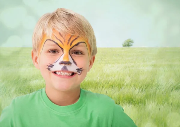 Ragazzo con la faccia di tigre dipingere contro prato — Foto Stock