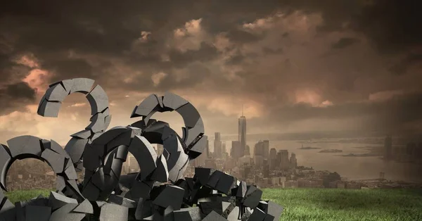 3D Pierre de béton cassé avec symbole Question dans le paysage urbain — Photo