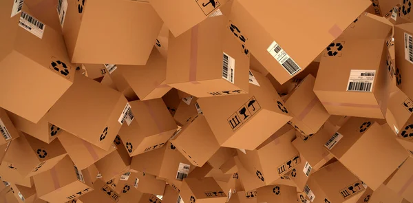 Композитное изображение трехмерного изображения коричневых картонных курьерских коробок — стоковое фото