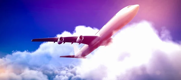 Graphic airplane against idyllic view of bright sun over cloudscape — Stock Photo, Image