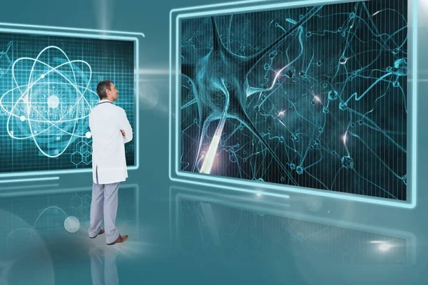 Ο άνθρωπος ο γιατρός βλέπει 3d ιατρική διασυνδέσεις μπλε φόντο με φωτοβολίδες — Φωτογραφία Αρχείου