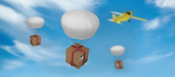 Image numérique 3d du parachute transportant la boîte en carton — Photo