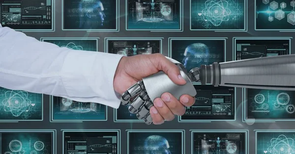 3D robot hand and person shaking hands against background with medical interfaces