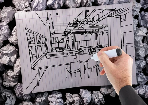 3D ручной чертеж офисных линий на бумаге — стоковое фото