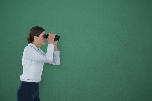 Woman looking through binoculars against green background 3d