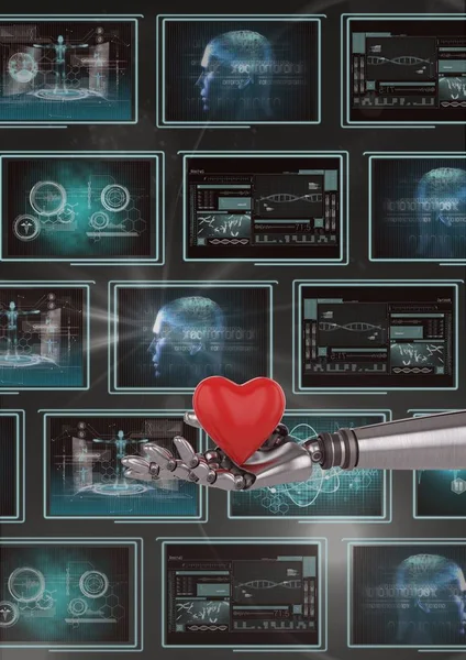 Tıbbi arabirimleri ile arka plan karşı bir kalp tutan 3d robot el — Stok fotoğraf