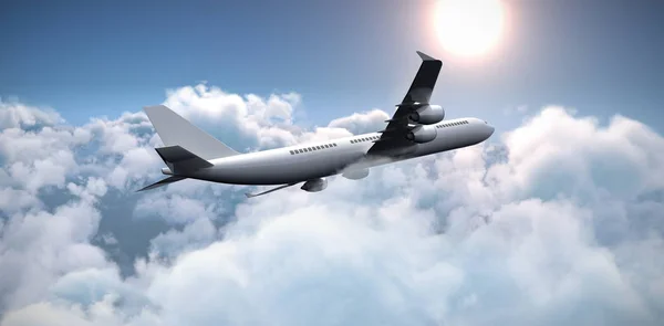 Avião gráfico contra vista panorâmica de nuvens brancas — Fotografia de Stock