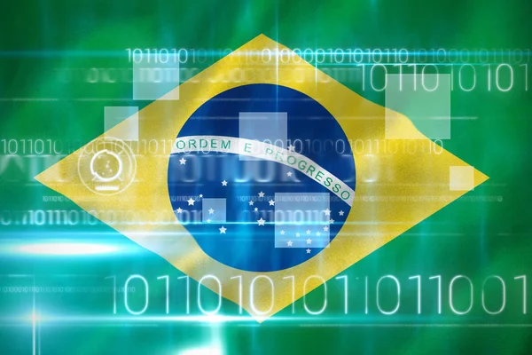 Dijital olarak oluşturulan Brezilyalı 3d ulusal bayrak karşı ikili kod — Stok fotoğraf