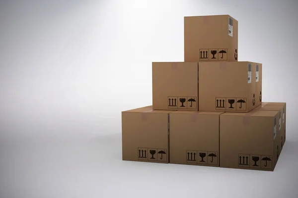Imagem 3d composto de pilha de caixas de papelão marrom embalado — Fotografia de Stock