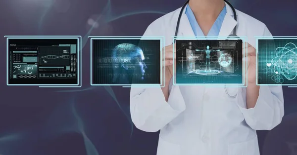 Mulher médico interagindo com interfaces médicas contra fundo roxo 3d — Fotografia de Stock