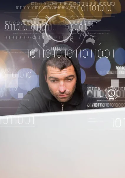 Hacker met behulp van een laptop achter een 3d digitaal scherm — Stockfoto