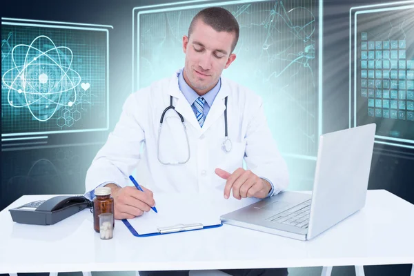 Imagem 3d composta de médico masculino escrevendo enquanto sentado à mesa — Fotografia de Stock