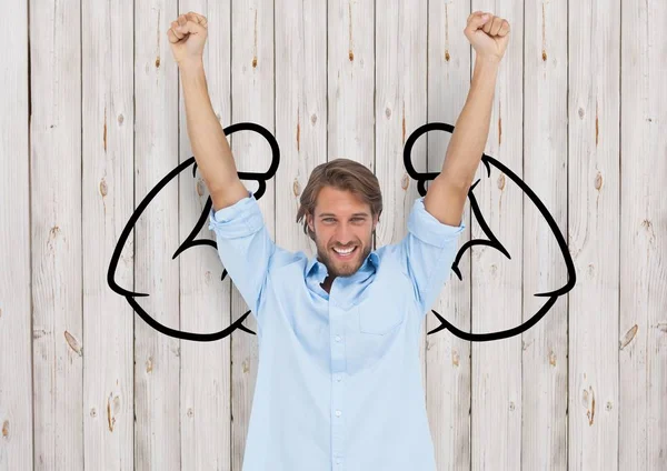 Digital composite of happy young businessman hands up in front of fists draw on wood wall