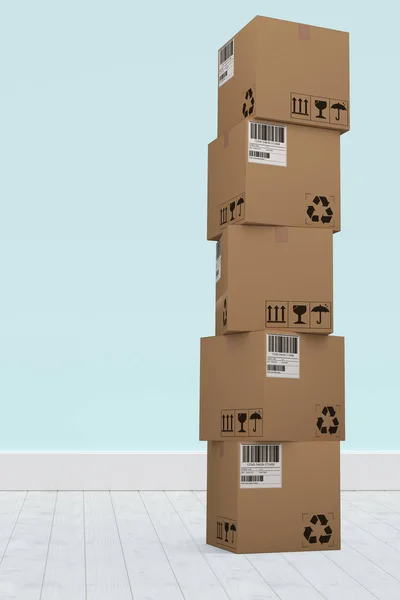 Composietbeeld van berg van kartonnen dozen op witte achtergrond — Stockfoto