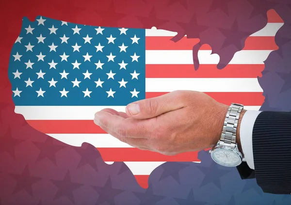 Hand eines Geschäftsmannes gegen amerikanische Flagge — Stockfoto