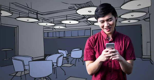 Millennial Mann mit Telefon gegen 3d blaues handgezeichnetes Büro — Stockfoto
