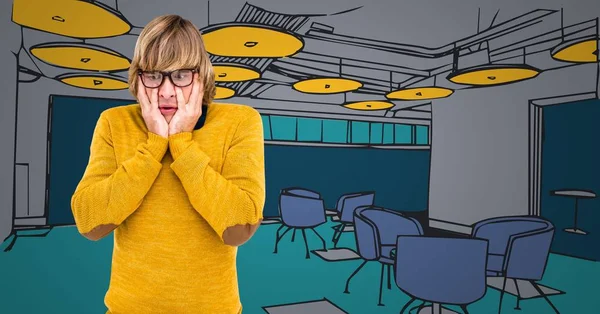 Gefrustreerde man tegen de hand getekende office — Stockfoto