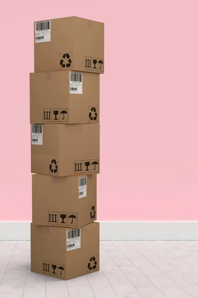 Композитное изображение стопки картонных коробок на белом фоне — стоковое фото