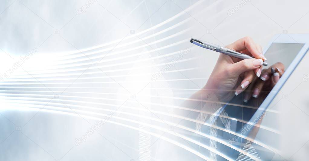 Hands writing on tablet with stylus and white interface transition