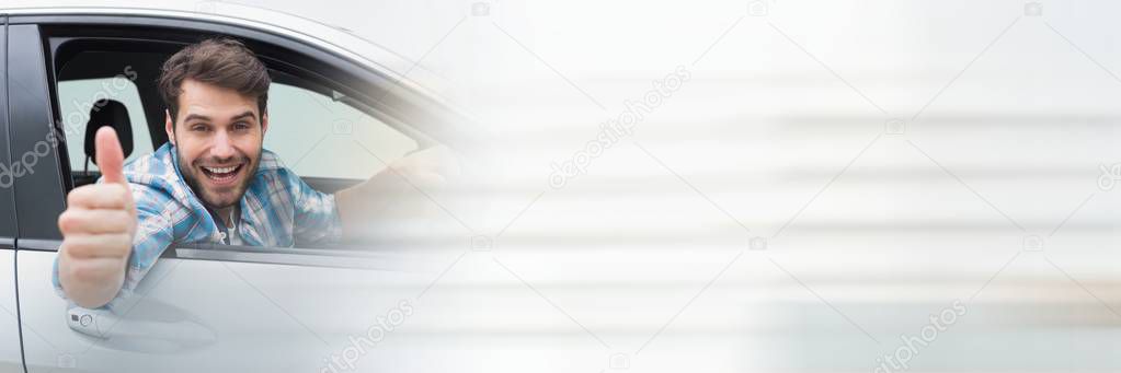 Man In car with thumbs up with copy space transition