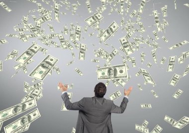 Para yağmur gri arka plan bakarak iş adamı
