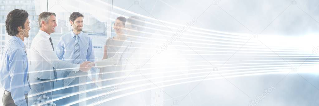 Business people having a meeting with illuminated curved lines transition effect