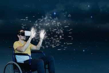 Man in VR headset touching interface  against sky background clipart