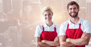 Dükkan sahipleri karşı bulanık manzarası katlanmış silah ile