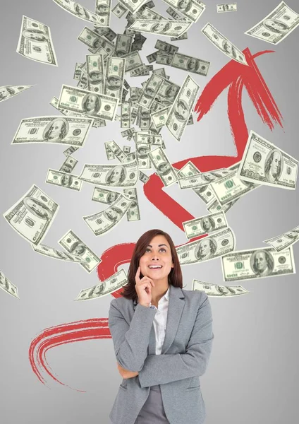 Happy business woman looking at money rain against grey background with arrow — Stock Photo, Image