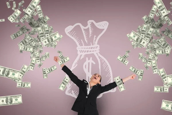 Excited business woman looking at money rain — Stock Photo, Image