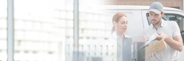 People Signing Paper Agreement with buildings transition — Stock Photo, Image