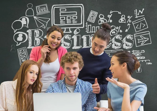 Composito Digitale Uomini Affari Una Scrivania Che Guardano Computer Sfondo — Foto Stock