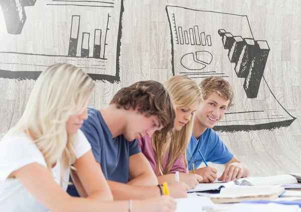 Group of students sitting in front of statistic research charts graphics — Stock Photo, Image