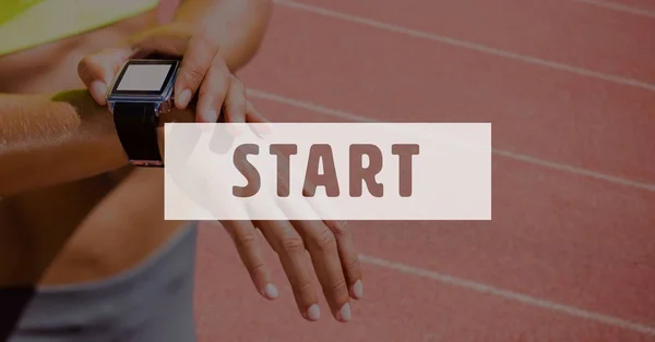 Start icon with woman exercising — Stock Photo, Image