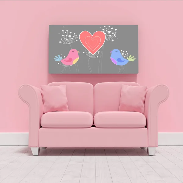 Sofá rosa vazio com almofadas — Fotografia de Stock