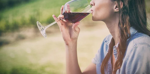 Frau trinkt Rotwein — Stockfoto