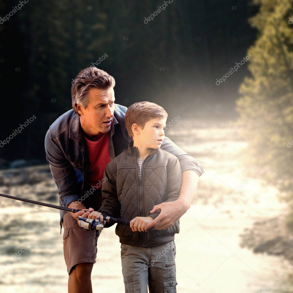 father teaching his son fishing 
