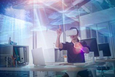 businesswoman using virtual reality simulator clipart