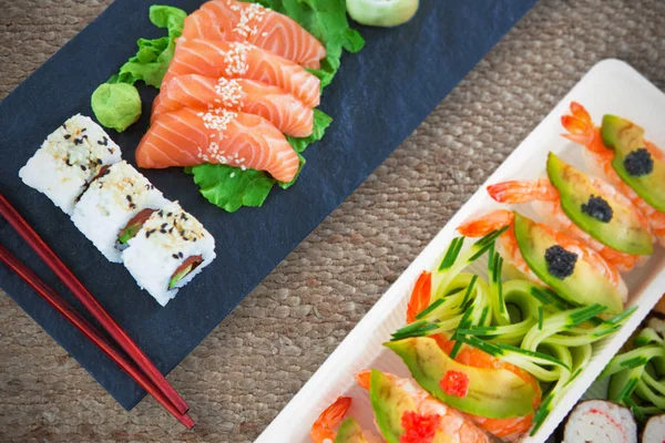 Japonské potraviny proti pytel textury — Stock fotografie