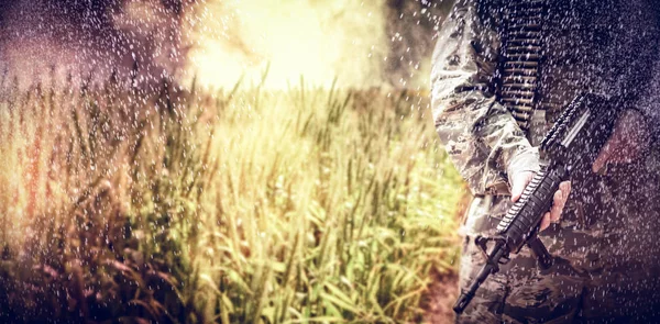 Military soldier standing with rifle — Stock Photo, Image