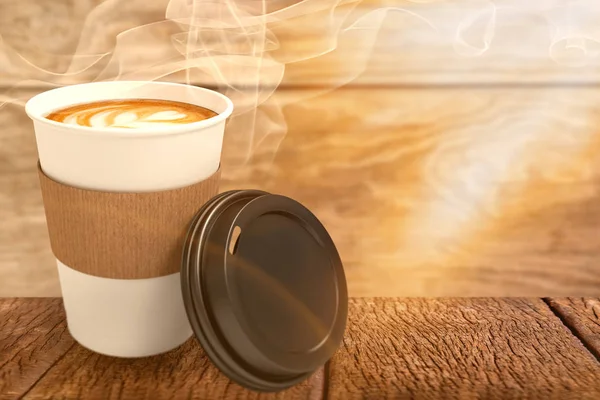 Café na xícara branca na frente da tampa — Fotografia de Stock