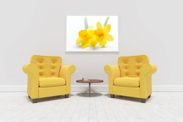 두 개의 노란의 자 그리고 coffeetable — 스톡 사진