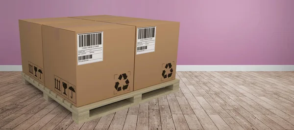 Karton dobozok, fa raklap elrendezve — Stock Fotó