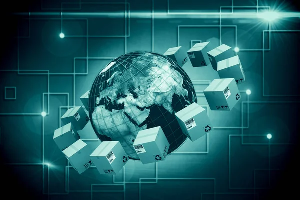 Dünya gezegeni çevreleyen karton kutular