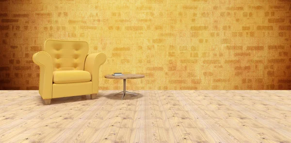 노란의 자 그리고 나무 바닥에 coffeetable — 스톡 사진