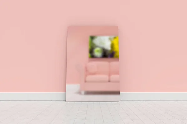 Mirror leaning on wall reflecting sofa — Stock Photo, Image