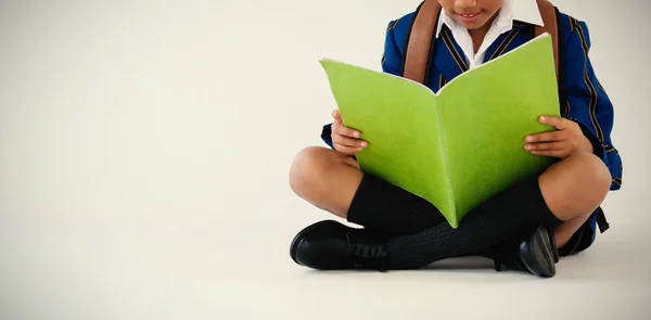 Školák, čtení knihy na bílém pozadí — Stock fotografie
