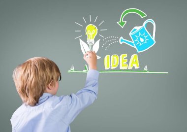 Çocuğun önünde gri boş geçmiş yazma