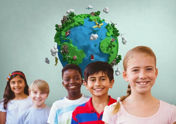 Kids friends with planet earth world — Stock Photo, Image